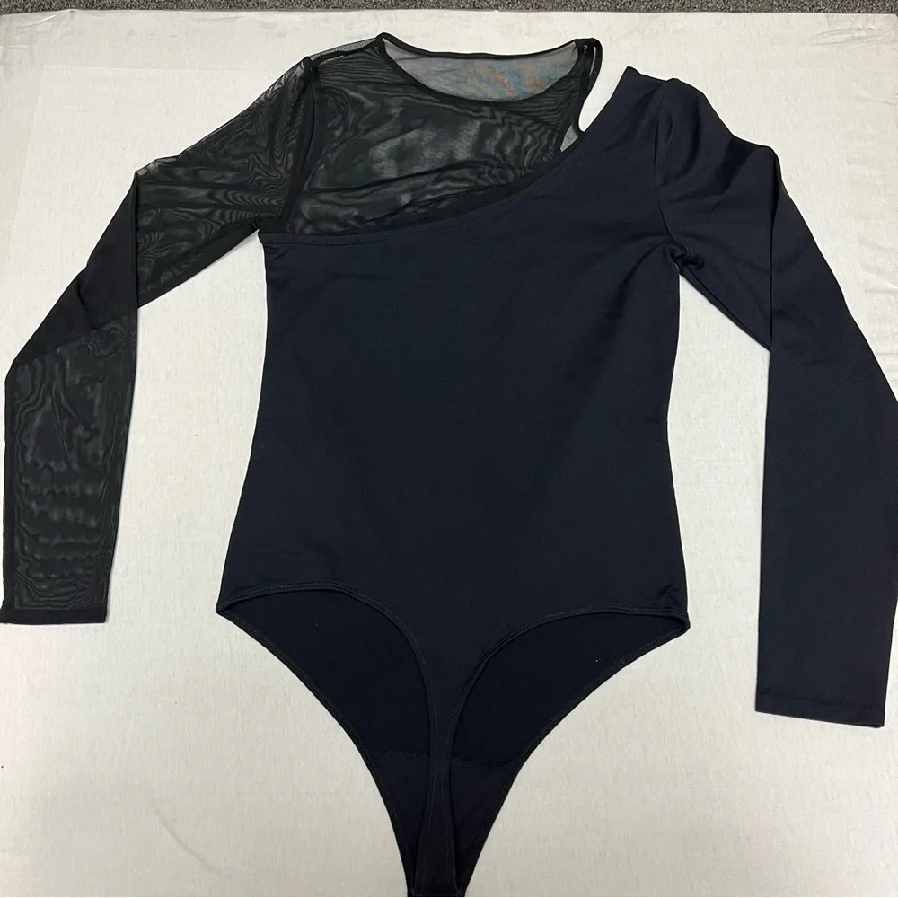 Abercrombie & fitch black mesh asymmetrical bodysuit long sleeve